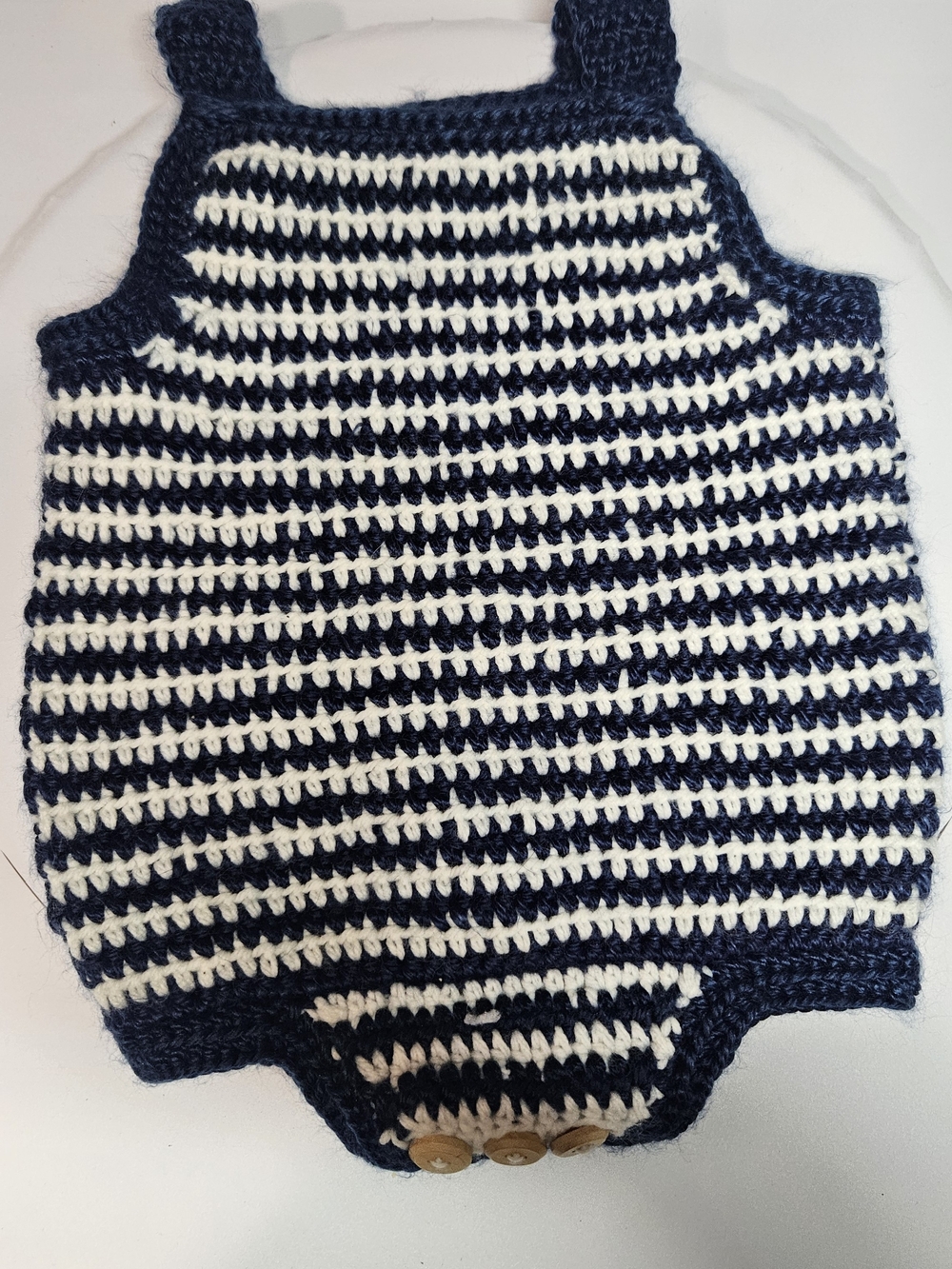 Handmade Crochet Baby Romper | 3–6 Months | Navy & White Striped | Soft Cotton